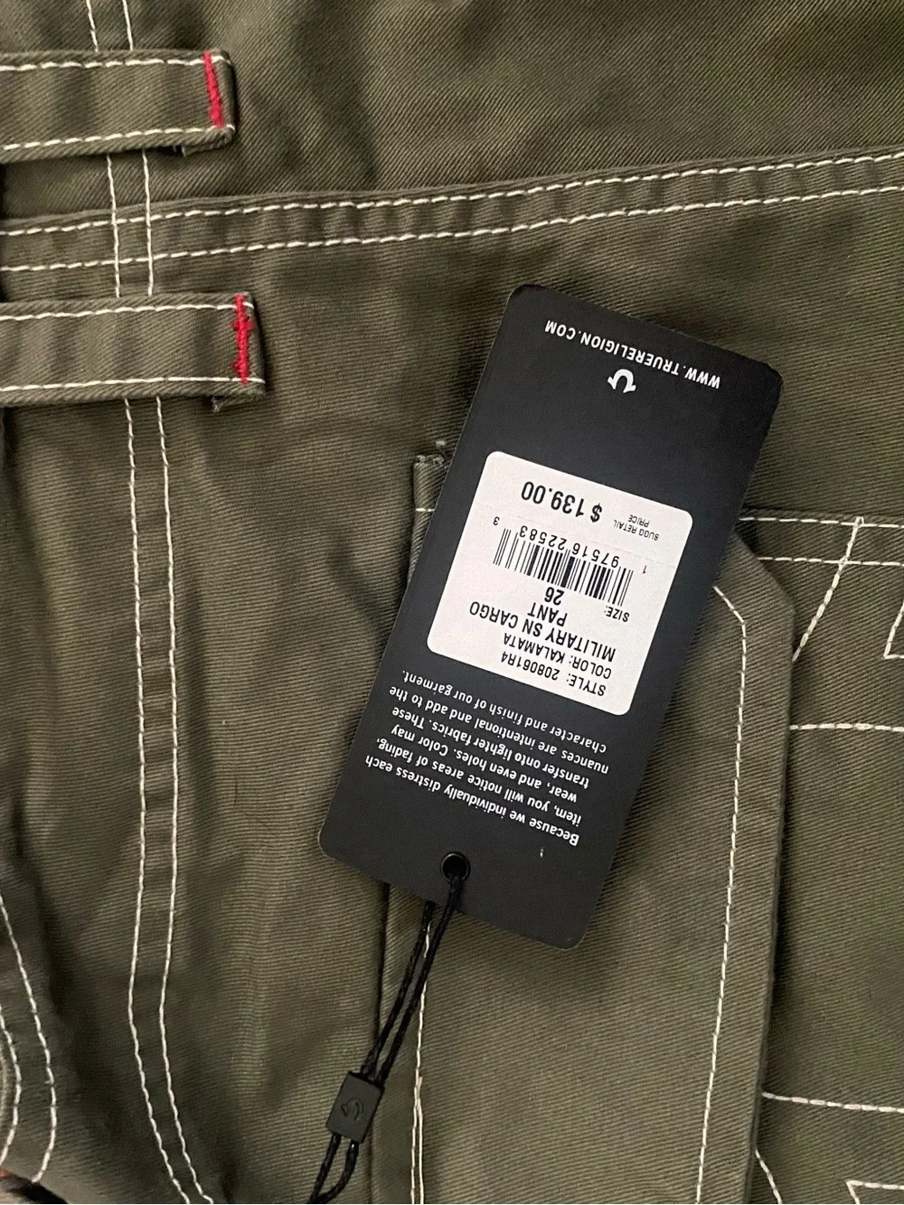 True Religion Men's Olive Cargo Pants with Contrast Stitching